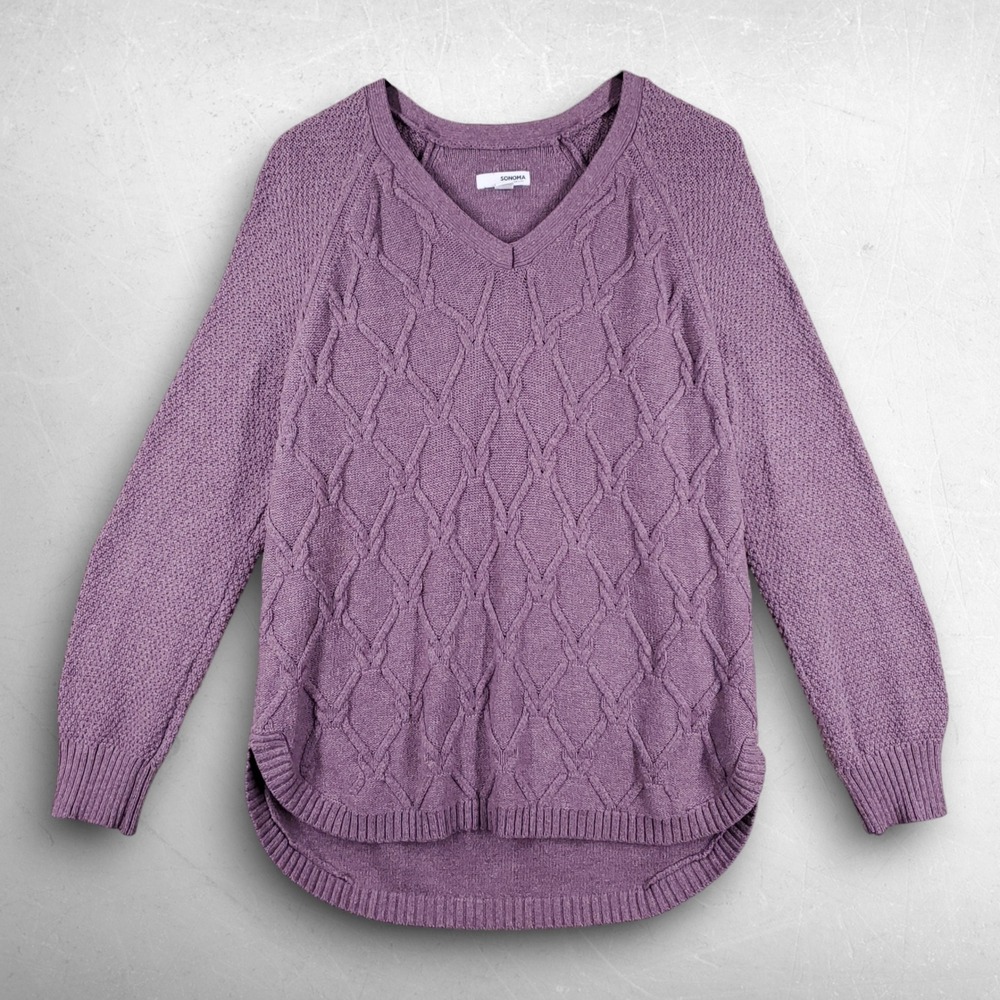 Cable Knit Pullover V-neck Sweater Women L Purple Cottagecore Coastal Sonoma